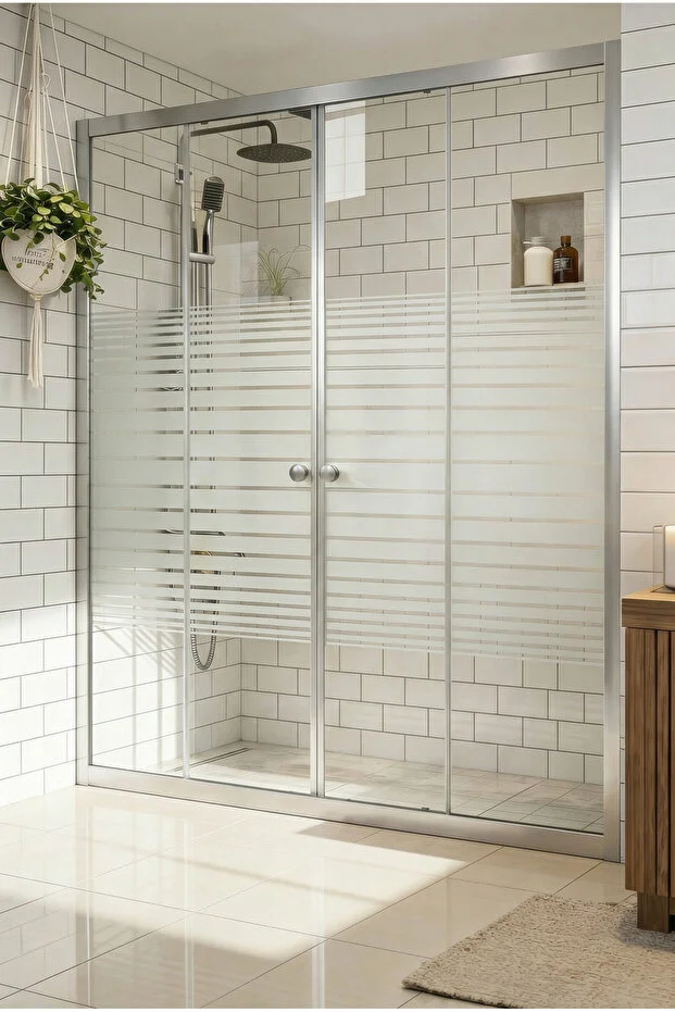 Ön Cephe Çizgili Temperli Cam Sürgülü Kapılı Teknesiz Duşakabin 